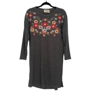 Savannah Jane Grey Waffle Knit Long Sleeve Embroidered Cottage Core Dress Small